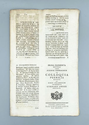 Item #06159 Prima Elementa Historiæ Urbis Augustæ Vindelicorum In Colloquia Puerilia Redacta et...