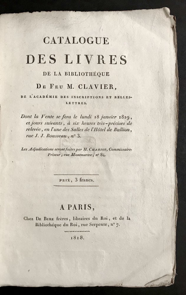 Item #10596 Catalogue…De La Bibliothèque. Étienne Clavier.